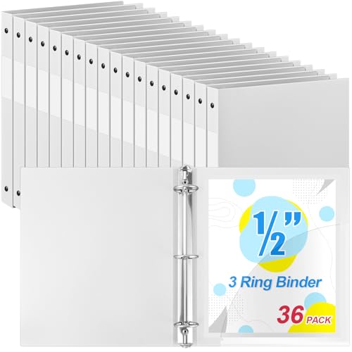 Henoyso 36 Pcs 3 Ring Binder 1/2'' Round Fits Letter Size 8. 5'' x 11'' Paper Plastic Flexible Binder Holds 100 Sheets with 1 Pockets Versatile Organizer for Office Home School (White)