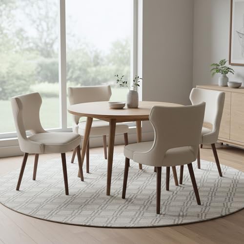 Homixis Wooden Dining Chairs Set of 4, Farmhouse Dining Room Chairs with Solid Wood Legs, Mid Century Fabric Kitchen Chairs, Upholstered Chair for Restaurant & Cafe- Beige