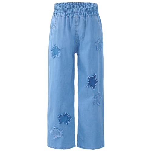 Kids Girls Star Printed Straight Jeans Wide-Leg Ripped Loose Denim Pants Trousers