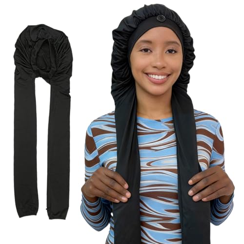 MsFan Long Hair Bonnets for Sleeping 36 Inch Braid Bonnet for Women 2 in 1 Long Braids Protection Breathable Bonnet for Braids Black