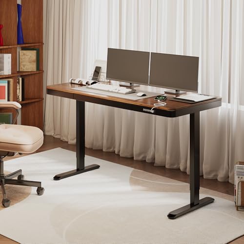 Image of FLEXISPOT Comhar 55 inch Electric Standing Desk with Storage, Built-in Drawer & USB Charging Ports, Height Adjustable Sit Stand Computer Desk, Quick Assembly, Child Lock, Walnut