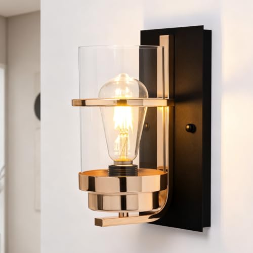Image of Rose Gold and Black Wall Sconce, Modern Vanity Light Fixture | Hardwired,E26 base,mid-century clear glass sconce for mirror.hallway.bathroom.fireplace