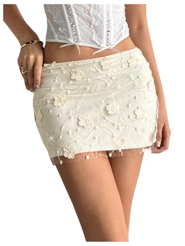 MakeMeChic Women's 3D Flower Embroidery Skirt Low Waist Bodycon Elegant Mini Skirts
