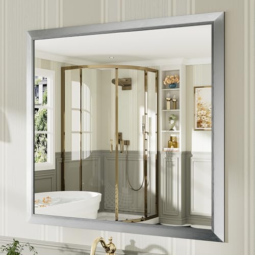 Image of 40x38 Inch Brushed Silver Bathroom Mirror for Wall, Thick Metal Framed Rectangle Mirrors for Over Sink, Bedroom, Living Room, Entryway, Anti-Rust, HD Tempered Glass