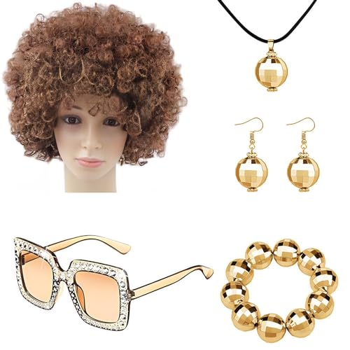 Samuliy Accesorios de discoteca de los años 70 para mujer, disfraz de rapero brillante de los años 70, collar, peluca afro, aretes, pulsera, para hombres y mujeres, fiestas retro