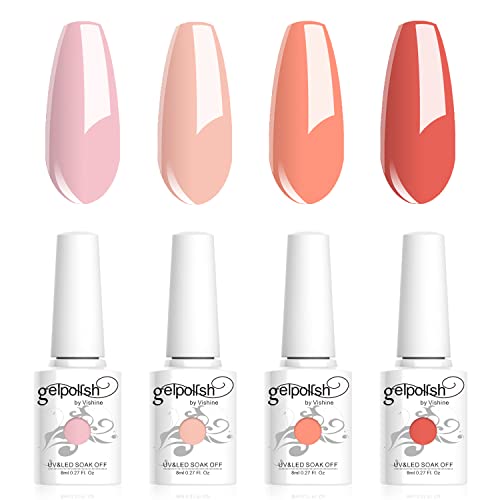 Vishine Geles de Esmalte Semipermanente, Lote de 4 Colores Pastel, Colección Melocotón, Rosa, Naranja, Coral, Nail Art Esmalte de Uñas en Gel para UV LED, Barniz de Manicura 8 ml C023