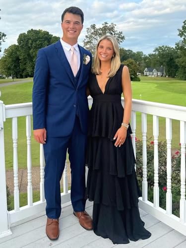 BANTRATIC Tiered Bridesmaid Dress for Women Ruffle Deep V-Neck Empire Long Chiffon Formal Wedding Guest Evening Prom Gown2