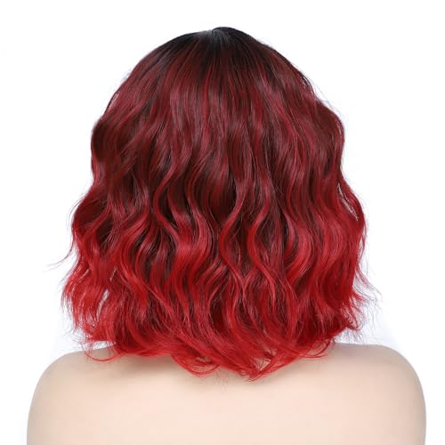 Image of Rose bud Wavy Bob Wig with Bangs Natural Ombre Red Wig Synthetic Hair Shoulder Length Short Curly Wigs for Women