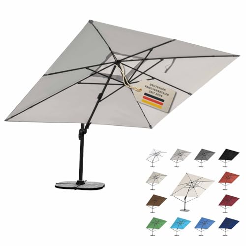 RS Trade Sonnenschirm Ampelschirm 3x4m groß rechteckig mit Windsicherung Ständer und Schutzhülle drehbar neigbar kippbar mit Kurbel windstabil für Garten Terrasse Balkon Gastronomie hellgrau
