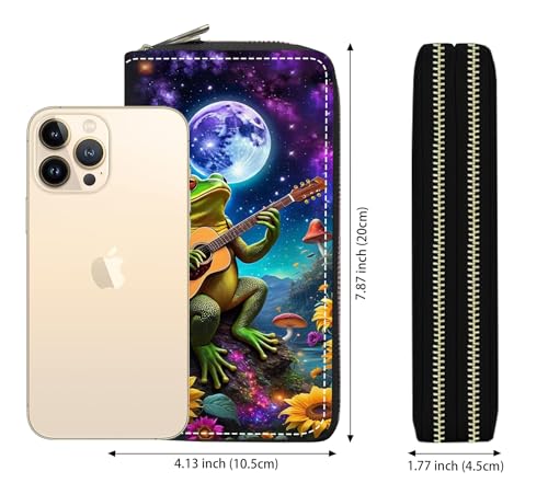 Women's Large Capacity Wallet PU Leather Double Zipper Clutch Purse Multifunctional Wallet with Removable Wristlet Strap for Smart Phone/Coin/Card/Cash, Funny Frog Playing Guitar2