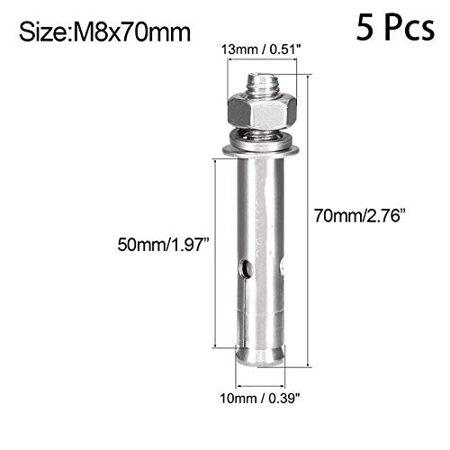 Image of 5 Pcs M8 x 70mm 304 Stainless Steel Expansion Bolt External Hex Expansion Screw Bolt Sleeve Anchor,Pool Safety Cover Expansion Bolts,for Concrete
