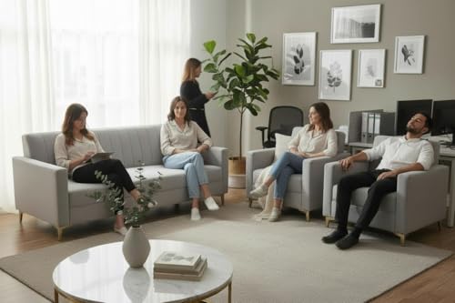 Image of Marvello 3+1+1 Fabric Sofa Set for Living Room | Soft Velvet Upholstery, Sturdy Wooden Frame | Stylish Sofa for Hall & Office Spaces (Light Grey)