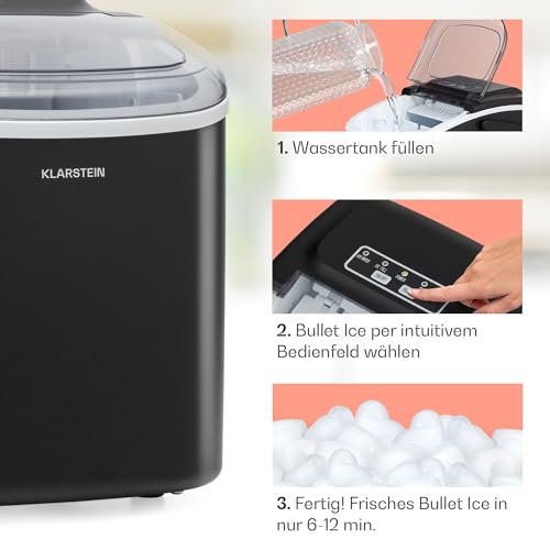 Klarstein Eiswürfelmaschine für Zuhause Camping Gastro, Schnelle Mini-Eiswürfelmaschine Klein, Profi Eismaschine für Große & Kleine Eiswürfel, Selbstreinigend, 1,3L Wassertank, 12kg Eis in 24h