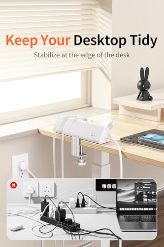Image of 6.5 FT Desk Clamp Power Strip with 5 AC Outlets & 6 USB Ports PD 40W USB-C Fast Charging, Extension Cord with Multiple Outlets, Fits 2.1 in top Edge White