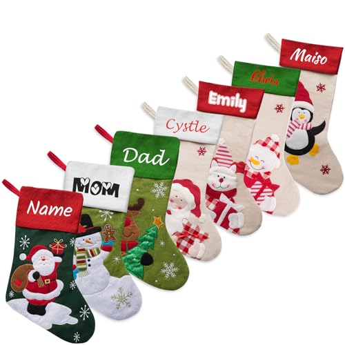 YAEILOV Up to 7Pcs Personalized Christmas Stockings Custom Name Cartoon Santa Snowman Deer Stocking Customized Xmas Holiday New Year Decoration for Family Kids Adults