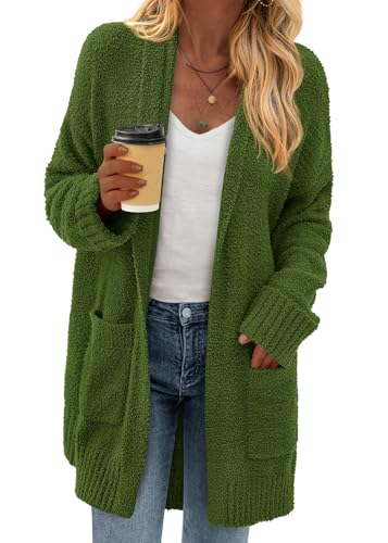 KIRUNDO Cardigan Sweaters for Women 2026 Fall Chunky Fuzzy Knit Open Front Loose Long Sleeve Sweater Coats Winter Clothing(Army Green Small)