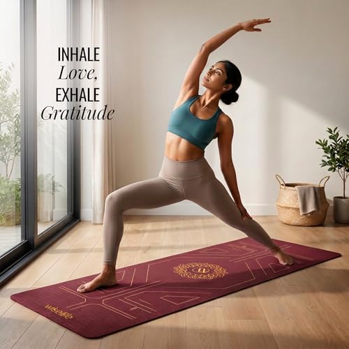 Image of Wiselife True Body Alignment Yoga Mat + Sleek Yoga Strap For Men And Women | Non-Slip Textured Extra Wide & Thick | Pro Balance Eco Tpe Exercise Mat For Home, Pilates, Gym & Fitness (6MM, Wine)