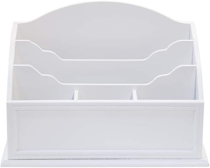 Designstyles White Wooden Desktop Letter Holder – 5 Compartment Mail and Stationary Organizer – Premium Quality Wood Table Top Sorter for Pens, Pencils and More