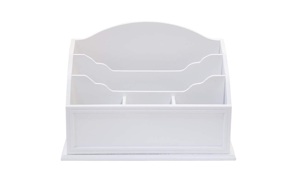 White Wooden Desktop Letter Holder – 5 Compartment Mail and Stationary Organizer – Premium Quality W