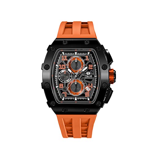Image of Tsar Bomba Men's Tonneau Luxury Watch - Quartz Chronograph Skeleton Dial, Black Stainless Steel Case, Orange Silicone Strap, 50M Water Resistant, Watch for Men - TB8204Q-12