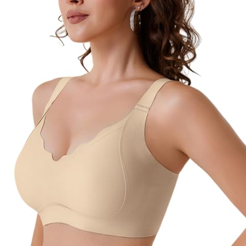 Chickwin Sujetadores Tallas Grandes Mujer Sin Aros, Sujetador Cómodo Suave Sin Costuras con Tirantes Ajustables Cuello en V S-3XL con Soporte Fuerte, Cobertura Completa (Color Albaricoque F,3XL)