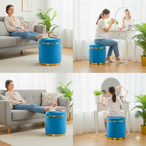 Image of Decorative Ottoman Pouffes for Sitting - Two-Piece Set of Puffy Stools and Footstools - Round Ottoman Stool for Living Room Furniture (Sky Blue)