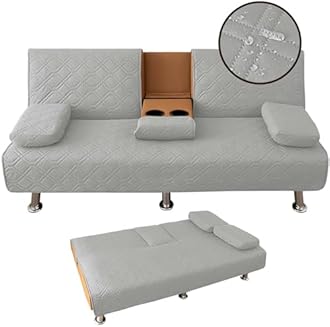 4 Pieces Click Clack Sofa Bed Cover 3 Seater, Quilted Convertible Folding Cover with 2 Removable Armrests and 1 Holders Covers (Light Grey)