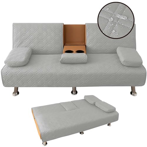 ZYXFYY 4 Pieces Click Clack Sofa Bed Cover 3 Seater, Quilted Convertible Folding Cover with 2 Removable Armrests and 1 Holders Covers (Light Grey)