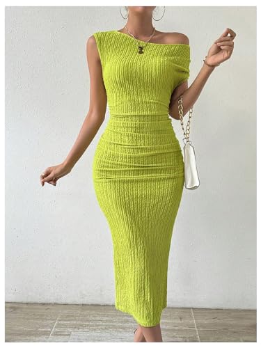 Image of SOLY HUX Women's Off Shoulder Short Sleeve Ruched Bodycon Dress Pencil Midi Dresses Solid Green Large