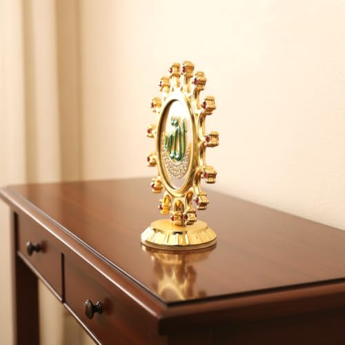 Image of Allah Calligraphy Idol Metal Gold Plated for Home, Prayer, Islamic Elegant Showpiece in Crystal Stones & Sunburst Design for Office, Car Dashboard & Gifts