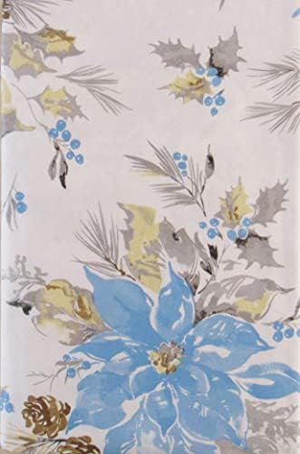 Happy Holiday Watercolor Blue Poinsettias, Holly, Pine Cones and Mistletoe Vinyl Flannel Back Tablecloth (52 inch x 70 inch Oblong), Multi