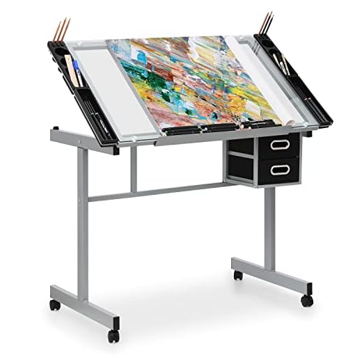 MoNiBloom Drafting Table on Wheels with Storage & Side Tray - Adjustable 0-65° Glass Tabletop, Replaceable Feet Art Desk