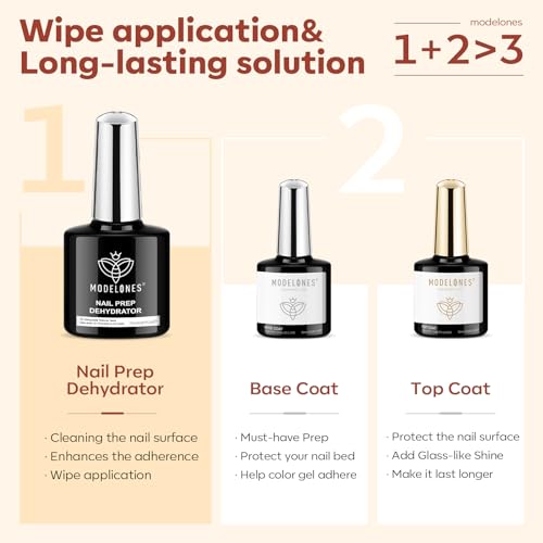 Image of modelones Gel Base Top Coat Set with Dehydrator, 3 Pcs No Wipe Diamond Super Shiny Top Coat Nail Art Prep Kit