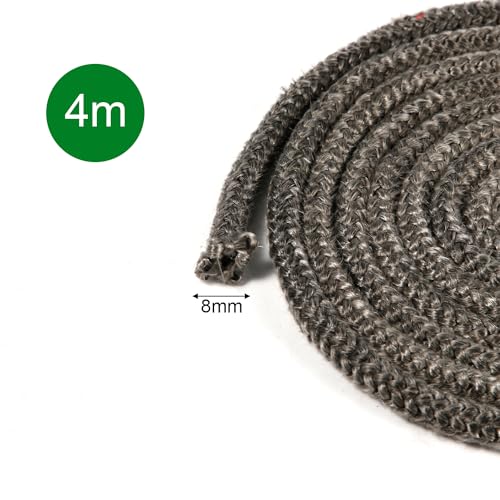 Lina Uszczelniajaca Kominkowa 8mm x 4m, Impregnowana Grafitem Uszczelka Liny z Wlókna Szklanego Zamiennik Uszczelka Drzwi Pieca na Drewno do Pieców Opalanych Drewnem Kominki