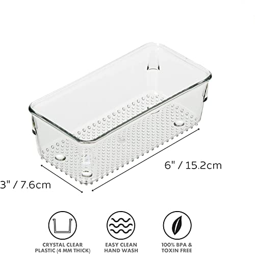 Image of Clear Plastic Drawer Organizers Set, Versatile Bathroom and Vanity Drawer Organizer Trays, Storage Bins for Makeup, Bedroom, Kitchen Gadgets Utensils and Office (4 PC MED LARGE)