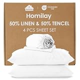 Homilay Queen Size French Linen Blend with Austria Tencel Sheet Set, Ultra Skin-Friendly Linen Sheets, 16 Deep Pocket with Corner Straps Environmental Bedsheets, White