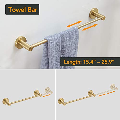Besy 4 Piece Bathroom Accessories Set (Adjustable 16 To 26 Inch Towel Bar, Towel Ring, Toilet Paper Holder,Towel Hook), Wall Mounted Bath Hardware Accessory Fixtures Set,Stainless Steel/Brushed Gold #TOP1