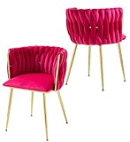 Nrizc Woven Dining Chairs Set of 2, Velvet Upholstered Dining Chairs with Gold Metal Legs, Modern Accent Chairs for Living Room, Dining Room, Kitchen (Rose Red)
