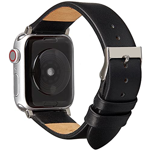 Wildery® Echt Lederarmband kompatibel für Apple Watch 45mm / 44mm / 42mm 41mm / 40mm / 38mm Series 7/6/5/4/SE/3/2/1 mit passend fabiger Dornschließe /#3mm IWatch WI507 (45/44/42mm, Schwarz/Silber) Cover