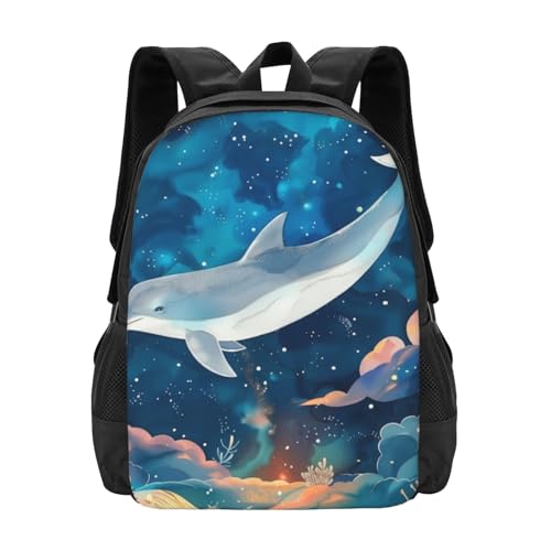 Commuter Unisex Dolphin Galaxy Clouds Backpack Spacious Compartments for Work Essentials Casual Outings & Trips 17 Inch