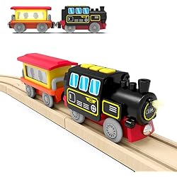 Motorized Train for Wooden Track – Black & Red Steam Locomotive with Flashing Carriage that Reveals Passenger Images, Lights & Sounds, Compatible with Thomas & Brio, Gift for Toddlers 3+