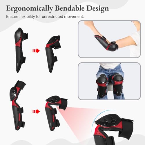 JUSTDOLIFE Motorcycle Knee Pads Elbow Pads, 4Pcs Knee Elbow Pads Dirt Bike Knee Shin Guards for Kids Youths Adjustable Protective Gear Set Protective Armor Set for Motocross Skateboard Biking Skiing