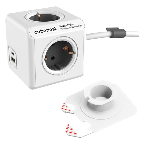 Cubenest Power Cube Extended Steckdosenwürfel USB PD 20W mit USB-A & USB-C Anschlüssen | 1.5m Kabel, Schuko Typ F | Mehrfachsteckdosen Schnellladefunktion für DE/at/NL/SWE/FI/ESP/PT/HR/SI/HU (Grau)