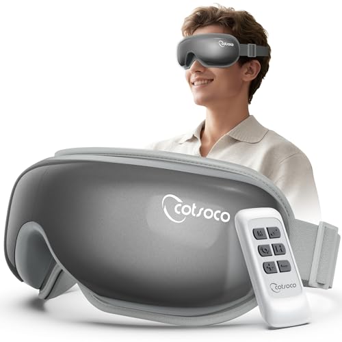 Cotsoco Eye Massager with Heat, Remote, and Compression, Adjustable Foldable Sleep Mask for Relaxing Eyes and Better Sleep, Migraine Relief Device, Birthday Gifts for Women Men Her Him-Gray