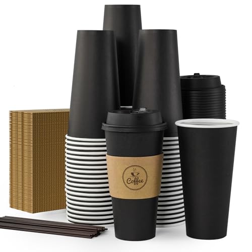 JOLLY CHEF 100 Count 20 oz Black Paper Coffee Cups with Lids, Sleeves and Stirrers for Home, Office, Kitchen, Cafes, Disposable Hot Paper Cups for all Kinds of Beverages