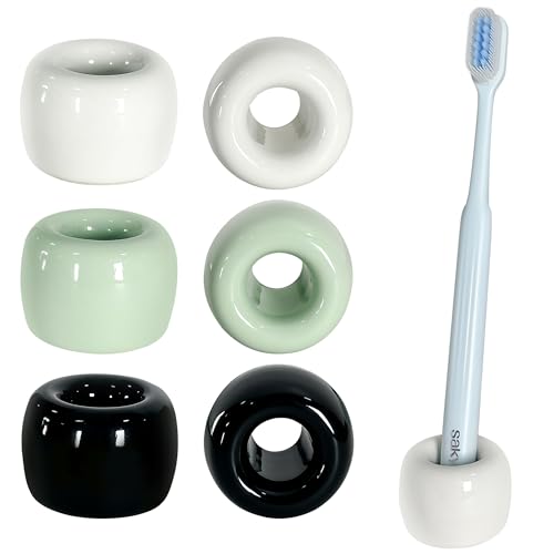 ZumenDa 6-Pack Mini Ceramic Toothbrush Holders – Bathroom Countertop Organizers | Compact Hygienic Brush Stands (White+Black+Green)