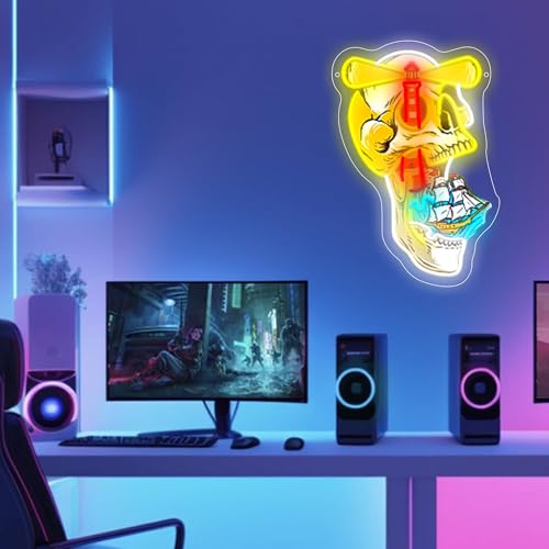 Image of Ghost Ship's Beacon Skull LED Neon Sign USB Powered for Wall Decor, Lighthouse Bones Neon Night Light Sign Dimmable for Room Party Decor Halloween Birthday Gifts
