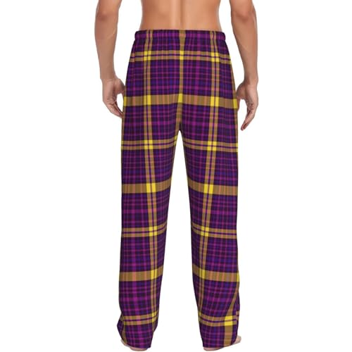 Retro Purple Yellow Plaid Print Mens Pajama Pants with Pockets, Lounge Sleep Pants Sleepwear Long Pj Bottoms3