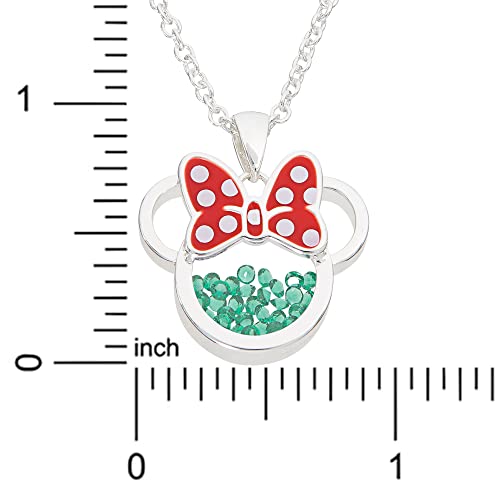 Disney Birthstone Women's Jewelry Minnie Mouse May Emerald Green Cubic Zirconia Shaker Pendant Necklace, Silver Plated, 18+2" Extender #TOP4