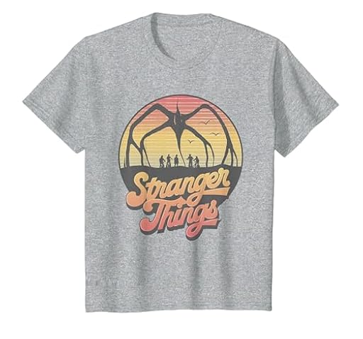 Stranger Things 80´s Sunset Mindflayer Group Camiseta, Niños, Gris Jaspeado, 12 años | Ya disponible en tu tienda friki favorita! En mundofriki.es!